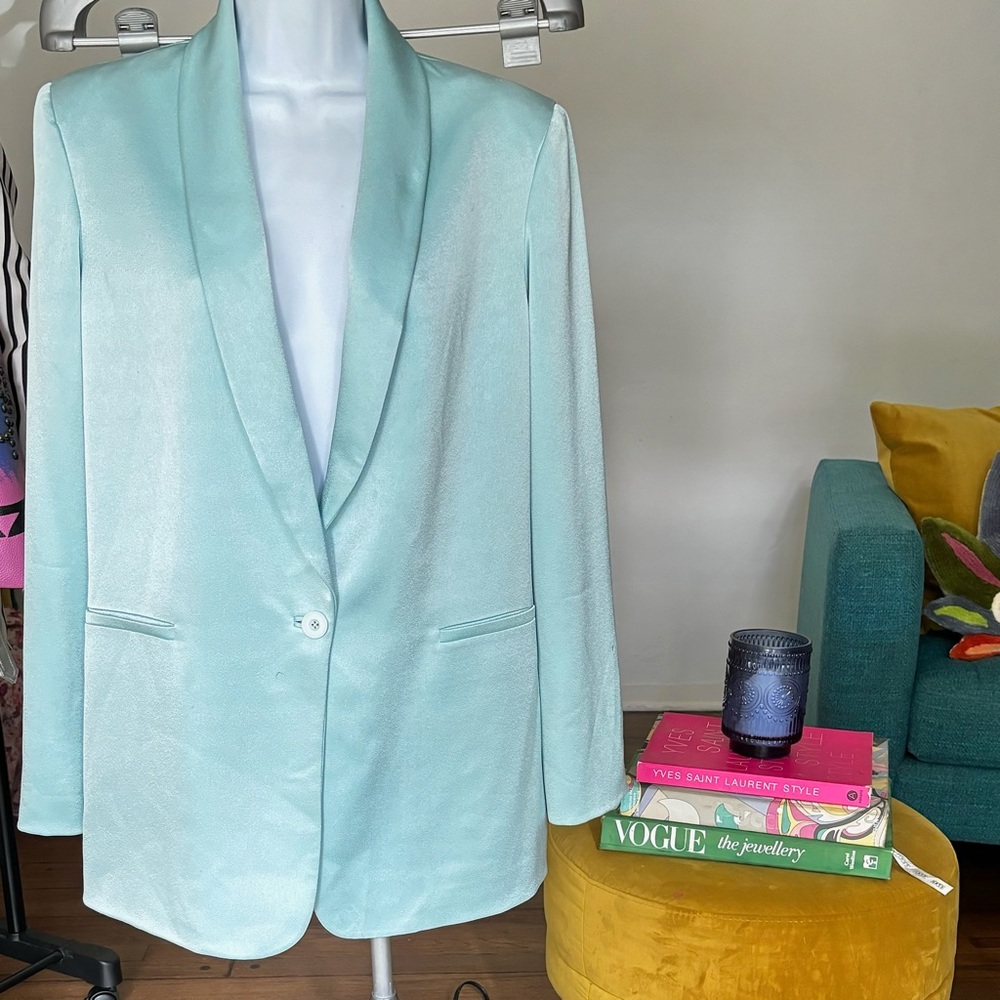Upgrade Your Look with Alice + Olivia's Yuriko Blue Satin Blazer